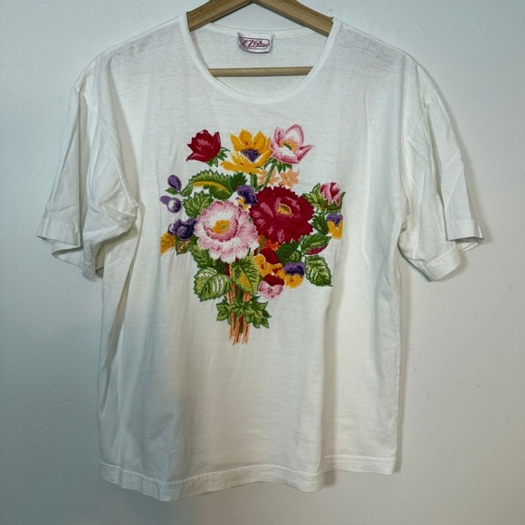 V.I. Petites White Embroidered Floral T-Shirt Women’s Size L (Approx) - Picture 2 of 5